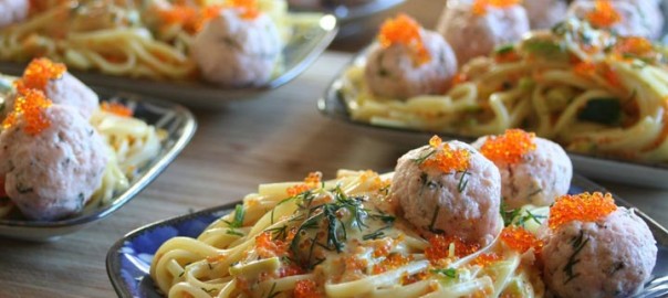 SALMON PEARLS LINGUINIE LEEK DILL and FLYING FISH ROE