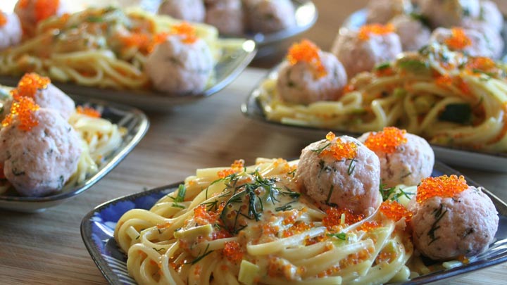 SALMON PEARLS LINGUINIE LEEK DILL and FLYING FISH ROE